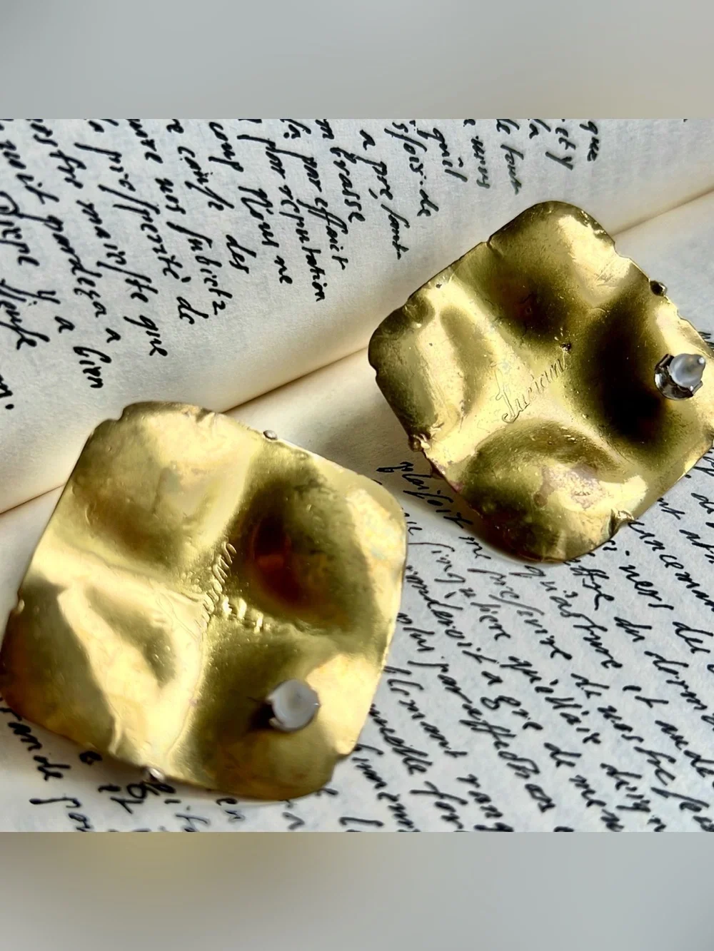 Vintage Luciani Gold Plated Textured Silvertone accents Statement square Earring
